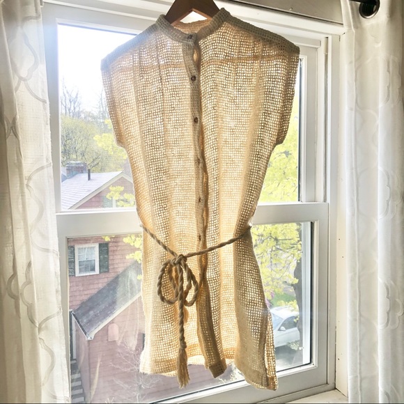 70s Vtg Open Knit Wood Button Rope Belted Tunic - Picture 11 of 17